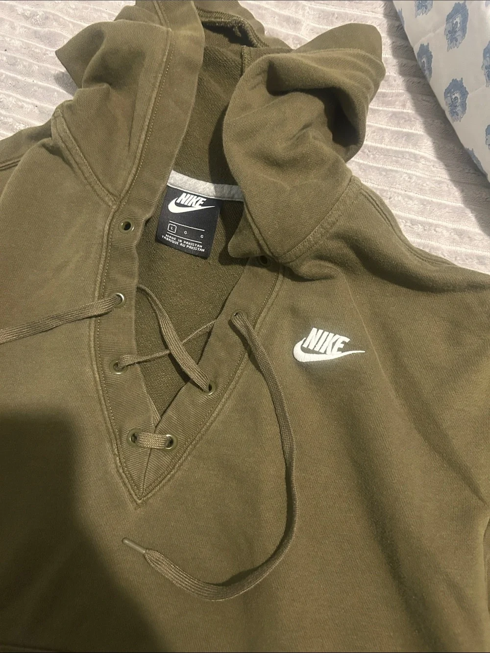 Nike Olive Lace-Up Hooded Sweatshirt with White Logo